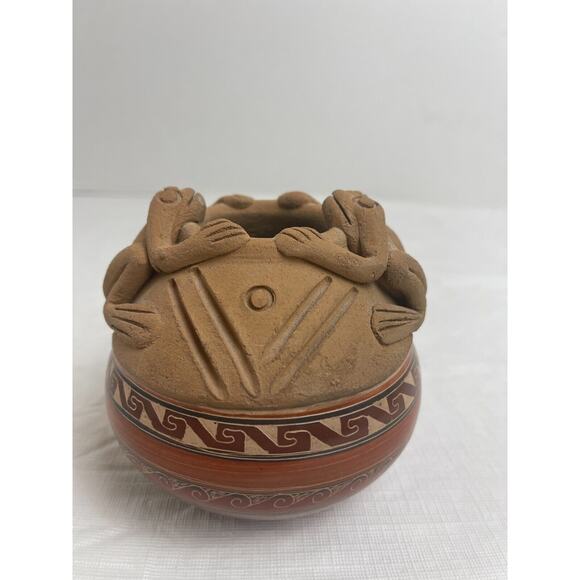 Art Pottery Etched Double Frog Geometric Design Costa Rican Pot Vase Unsigned - Picture 3 of 9